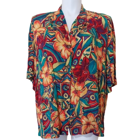 Vintage Tops - Vintage 80s Maggie McNaughton Plus Size 20W Colorful Hawaiian Floral Flowy Top